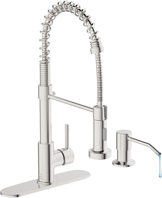 Kitchen Faucet Set, Commercial Kitchen Sink Faucets with Pull Down Sprayer and Soap Dispenser, Stainless Steel Faucets for Kitchen Sinks, Single Handle Spring Faucet with Deck Plate