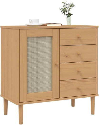 Brown Solid Pine Wood Sideboard, Rattan Look Buffet Cabinet with Drawers, 31.5 Inch Storage for Living Room, Hallway Furniture Kitchen Furnitur