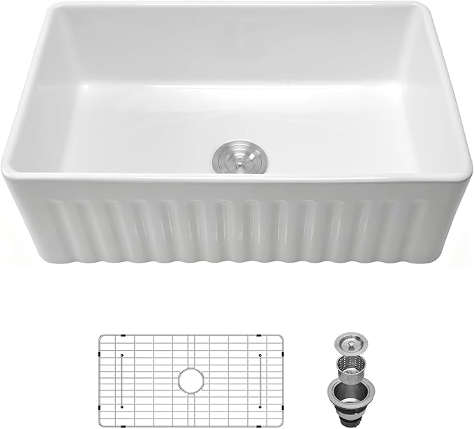 Kichae 33 White Farmhouse Kitchen Sink - 33X18 Inch Farm Kitchen Sink Farmhouse Sink Reversible Apron Front Ceramic Porcelain Farm Sinks Single Bowl