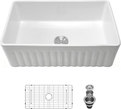 Kichae 33 White Farmhouse Kitchen Sink - 33X18 Inch Farm Kitchen Sink Farmhouse Sink Reversible Apron Front Ceramic Porcelain Farm Sinks Single Bowl