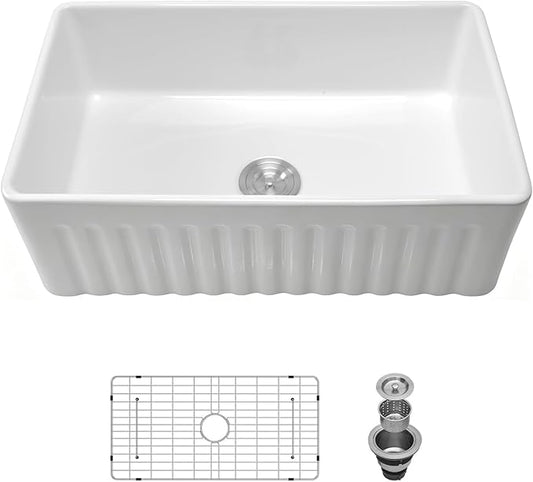 Kichae 33 White Farmhouse Kitchen Sink - 33X18 Inch Farm Kitchen Sink Farmhouse Sink Reversible Apron Front Ceramic Porcelain Farm Sinks Single Bowl