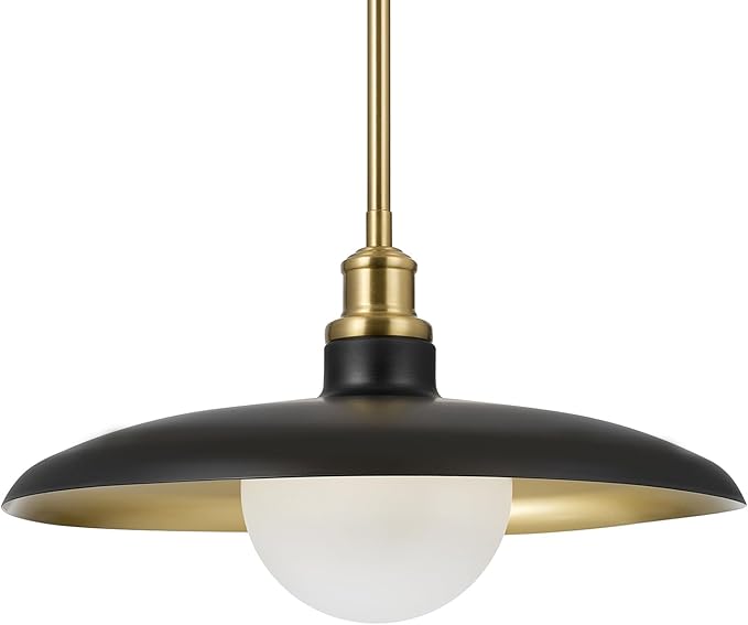Globe Electric 1-Light Pendant Light, Matte Black Shade with Matte Brass Trims & Interior, Removeable Etched Glass Shade, Soft Industrial Lighting for Dining Room or Living Room