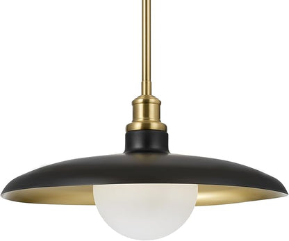 Globe Electric 1-Light Pendant Light, Matte Black Shade with Matte Brass Trims & Interior, Removeable Etched Glass Shade, Soft Industrial Lighting for Dining Room or Living Room
