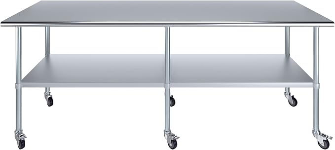 Stainless Steel Work Table with Wheels | NSF Kitchen Island Food Prep | Laundry Garage Utility Bench (Table + Wheels, 96" Long x 30" Deep)