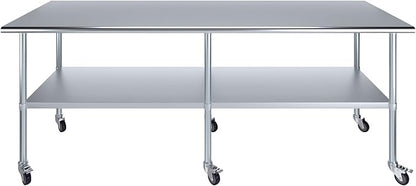 Stainless Steel Work Table with Wheels | NSF Kitchen Island Food Prep | Laundry Garage Utility Bench (Table + Wheels, 96" Long x 30" Deep)