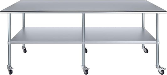Stainless Steel Work Table with Wheels | NSF Kitchen Island Food Prep | Laundry Garage Utility Bench (Table + Wheels, 96" Long x 30" Deep)