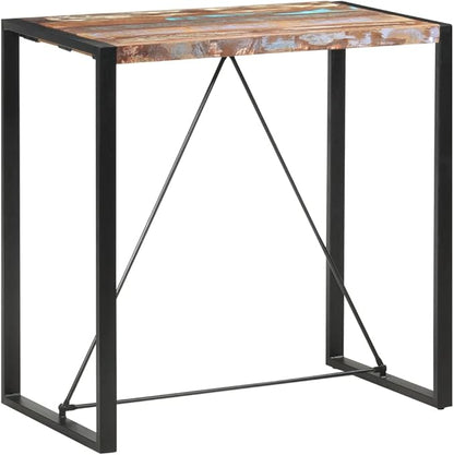 Solid Reclaimed Wood Bar Table with Steel Base, 43.3 Inch Height, Durable Dining Table for Kitchen and Home Bar, Unique Wood Grain, Space Saving Design, Industrial Accent