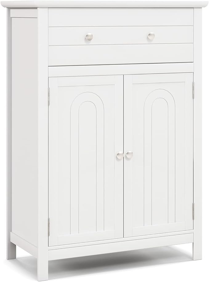 Tangkula White Bathroom Cabinet, Freestanding Wooden Storage Cabinet w/Large Drawer & Cabinet, 2 Doors, 3 Heights Adjustable Shelf, Bathroom Storage for Living Room Kitchen (White)