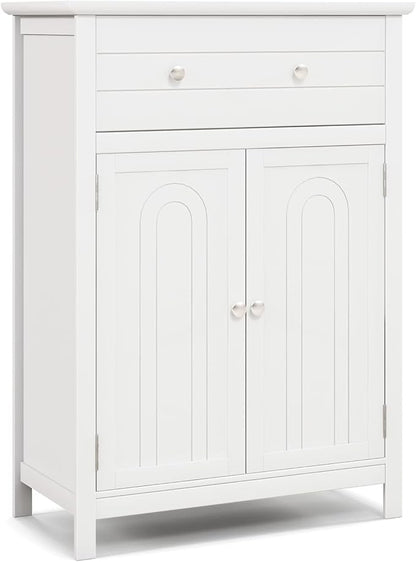Tangkula White Bathroom Cabinet, Freestanding Wooden Storage Cabinet w/Large Drawer & Cabinet, 2 Doors, 3 Heights Adjustable Shelf, Bathroom Storage for Living Room Kitchen (White)