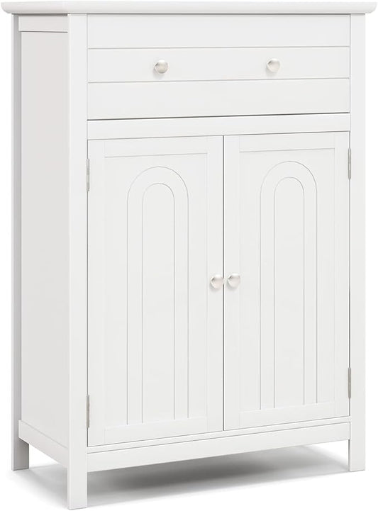 Tangkula White Bathroom Cabinet, Freestanding Wooden Storage Cabinet w/Large Drawer & Cabinet, 2 Doors, 3 Heights Adjustable Shelf, Bathroom Storage for Living Room Kitchen (White)