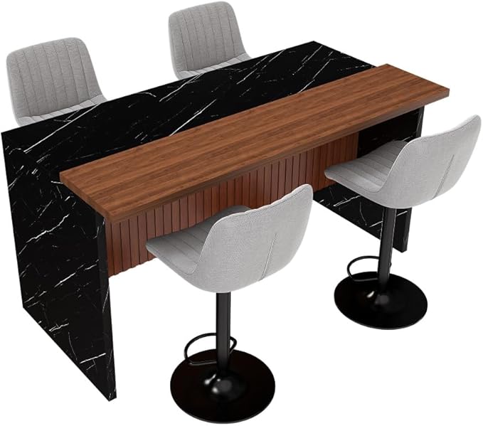 63-inch Modern Kitchen Island Set with 4 Gray Bar Stools, Black Marble Look Surface, LED Lighting & Grille Design for Dining Room and Open Concept Spaces