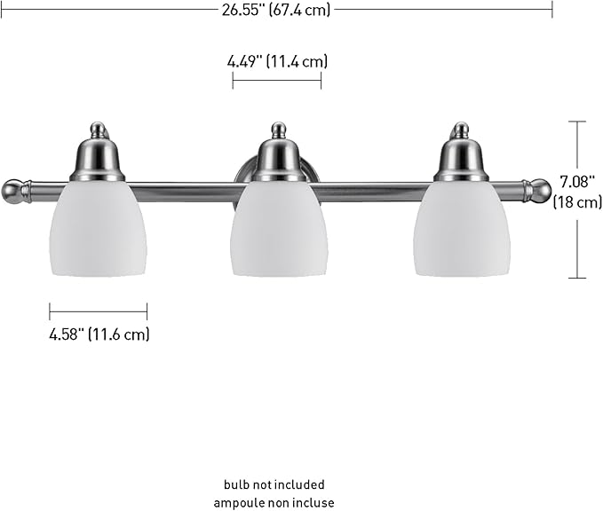 Globe Electric 51229 Jayden 5-Piece All-in-One Bathroom Set, Satin Nickel, 3-Light Vanity Light with White Opal Glass Shades, Towel Bar, Toilet Paper Holder, Towel Ring, Robe Hook
