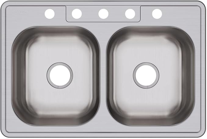 Dayton Stainless Steel 33" x 22" x 8-1/16", 5-Hole Equal Double Bowl Drop-in Sink