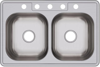 Dayton Stainless Steel 33" x 22" x 8-1/16", 5-Hole Equal Double Bowl Drop-in Sink