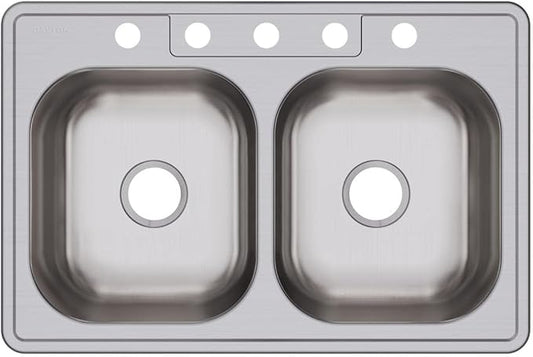 Dayton Stainless Steel 33" x 22" x 8-1/16", 5-Hole Equal Double Bowl Drop-in Sink