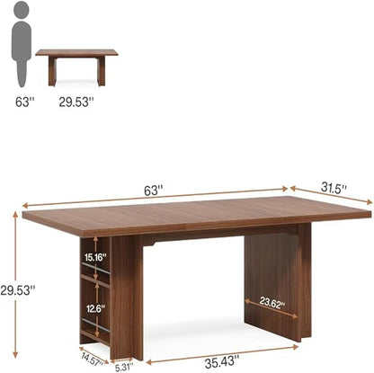 63 Inch Farmhouse Dining Table with Integrated Storage Shelves, Brown Oak Wooden Kitchen Table for 6 to 8 People, Large Home Office Computer Desk with 300lb Weight Capacity