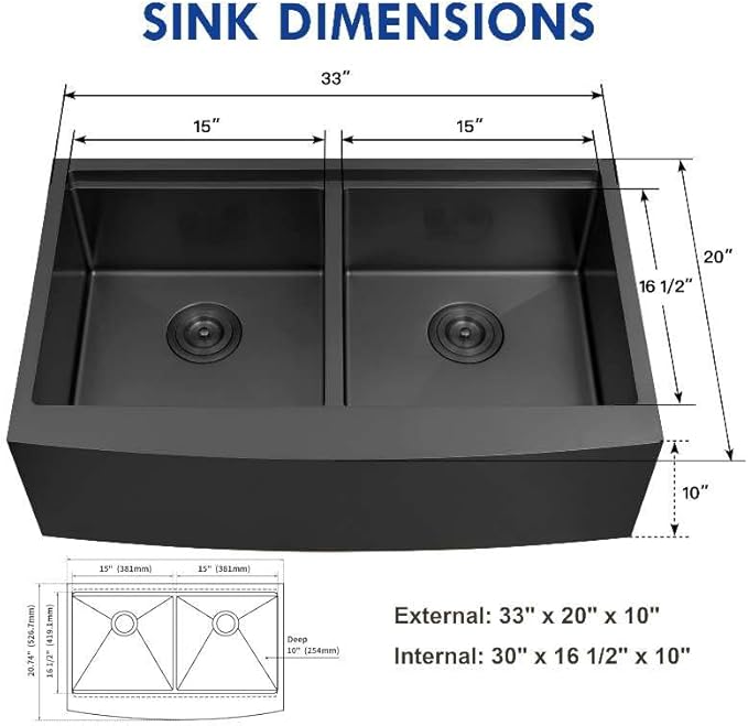 33 Inch Black Farmhouse Sink Undermount Double Bowl, 16 Gauge 50/50 Stainless Steel Apron Front Workstation Far Sink, 33"x20"x10" Large and Deep Kitchen Sink With Accessories