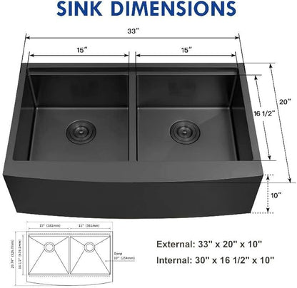 33 Inch Black Farmhouse Sink Undermount Double Bowl, 16 Gauge 50/50 Stainless Steel Apron Front Workstation Far Sink, 33"x20"x10" Large and Deep Kitchen Sink With Accessories
