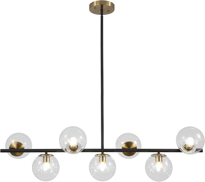 KCO Lighting Black and Brass Chandelier Light Fixture 7 Light Clear Glass Bubble Chandelier Modern Large Globe Sputnik Chandeliers Farmhouse Gold Linear Kitchen Pendant Lighting