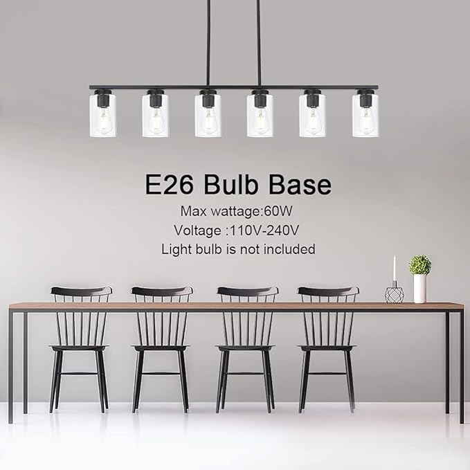 TODOLUZ Black 6-Lights Kitchen Island Light with Clear Glass Shades, Farmhouse Hanging Pendant Light Fixture for Farmhouse Dining Room Living Room