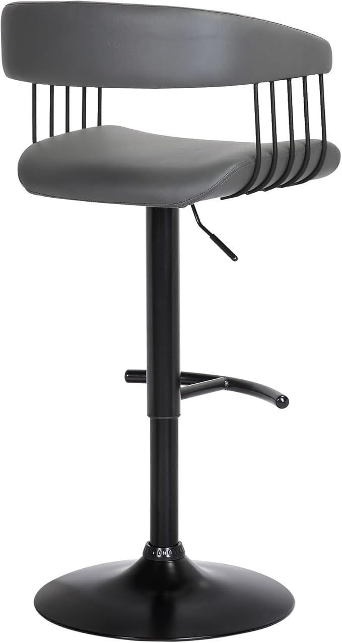Armen Living Calista Adjustable Height Mid Century Modern Swivel Bar Stool for Kitchen Island Counter in Gray Faux Leather with Black Metal