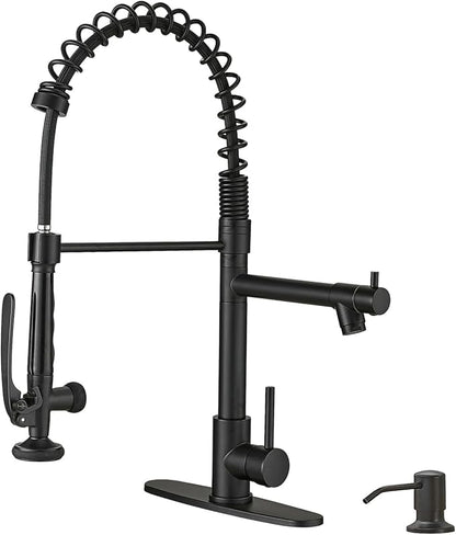 Fapully Commercial Pull Down Kitchen Sink Faucet with Sprayer Matte Black Single Handle Faucets for Kitchen Sink, Kitchen Faucet with Soap Dispenser and Deck Plack for 4 Hole