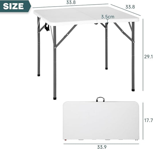 FDW 34" Square Outdoor Dining Table, Foldable Portable Plastic Folding Card Table with Built in Carrying Handle and Height Adjustable for Party and Wedding Use, White