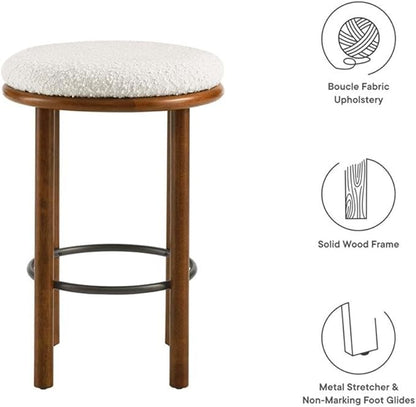 Modway Fable 26 Inch Backless Counter Stools Set of 2 in Walnut Ivory - Kitchen Stools Counter Height - 2Pcs Upholstered Padded Boucle Seat for Kitchen Counter or Island with Wood Legs and Footrest