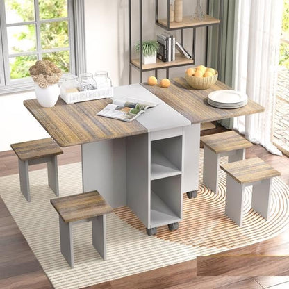 5-Piece Folding Dining Table Set with 4 Chairs 55'' Drop Leaf Wood Kitchen Table with Storage Shelves and 6 Rolling Wheels, Space-Saving Extendable Tables Set Movable Kitchen Tables Set with Wheels