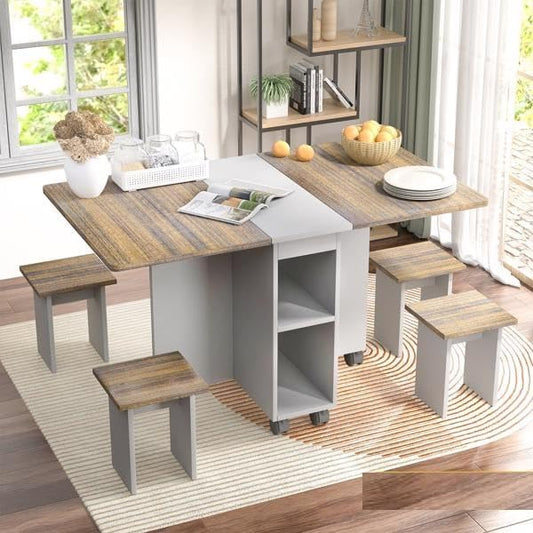 5-Piece Folding Dining Table Set with 4 Chairs 55'' Drop Leaf Wood Kitchen Table with Storage Shelves and 6 Rolling Wheels, Space-Saving Extendable Tables Set Movable Kitchen Tables Set with Wheels