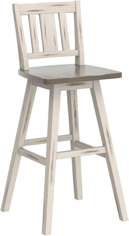 Lexicon Bar Height Bar Stools Set of 2-Solid Wood Frame 360° Swivel Wooden Stools, Foot Rest, Slat Back, Wide Seat, Distressed Farmhouse Easy to Clean Finish, 28.5" SH, Antique White/Grey