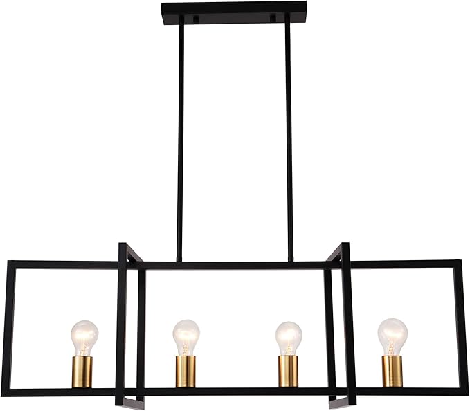 Modern Black Farmhouse Chandeliers Dining Room Light Fixture, Linear Rectangular Kitchen Island Lighting, Industrial Vintage Pendant Lighting with 4-Light Socket Height Adjustable
