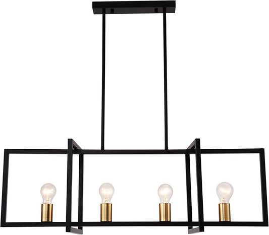 Modern Black Farmhouse Chandeliers Dining Room Light Fixture, Linear Rectangular Kitchen Island Lighting, Industrial Vintage Pendant Lighting with 4-Light Socket Height Adjustable