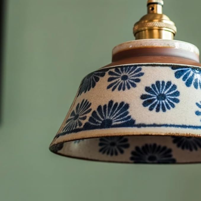 Chinese Retro Pendent Lamp,Indoor Under Glaze Colored Ceramics Ceiling Hanging Light,Adjustable Creative Home Kitchen Island Suspended Lighting Fixture,Bedroom Bedside Chandelier E 26 Base