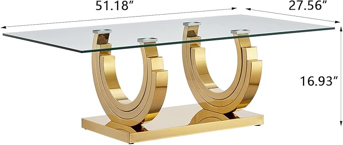 Modern Glass Coffee Table, 51" Sofa Coffee Table with Gold Stainless Steel Frame and Clear Glass Top, Rectangular Cocktail Table Accent Centre Table for Living Room