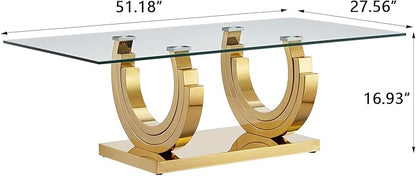 Modern Glass Coffee Table, 51" Sofa Coffee Table with Gold Stainless Steel Frame and Clear Glass Top, Rectangular Cocktail Table Accent Centre Table for Living Room