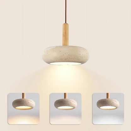 Japanese Wabi sabi Pendant Light with Natural Stone Shade, Dimmable Modern Wood Hanging Lamp Fixture, Adjustable Height Pendant Lamp for Bedroom, Kitchen Island, Dining Room, Restaurant, Cafe, Bar (E)