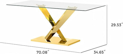 Modern 70" Gold Glass Dining Table for 6-8,Luxury Rectangular Kitchen Table with Clear Glass Desktop and Golden Mirrored Stainless Steel Legs,Large Kitchen Table for Dining Room Office(Only Table)