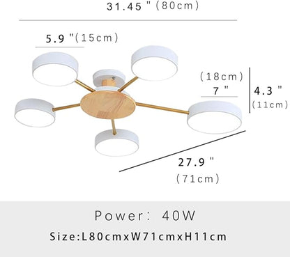 5-Lights LED Ceiling Light Fixture,32 Inch Modern Ceiling Lights Flush Mount Wooden 40W Dimmable Chandelier for Living Room Bedroom Kitchen,3000K/4000K/6000K White