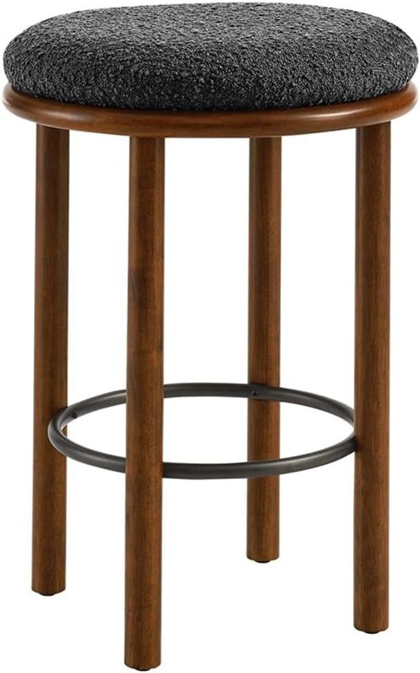 Modway Fable 26 Inch Backless Counter Stools Set of 2 in Walnut Charcoal - Kitchen Stools Counter Height - 2Pcs Upholstered Padded Boucle Seat for Kitchen Counter or Island with Wood Legs and Footrest
