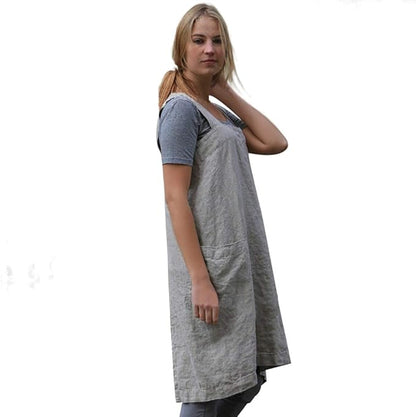 Larmliss Women's Pinafore Square Apron Baking Cooking Gardening Works Cross Back Cotton/Linen Blend Dress with 2 Pockets