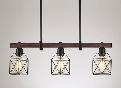 Industrial Pendant Light Fixture, 3-Light Kitchen Island Lighting with Wood Grain Bar and Black Metal Cage, Farmhouse Rustic Hanging Ceiling Lamp for Dining Room, Living Room