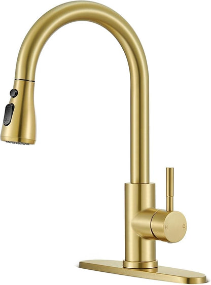 Brushed Gold Kitchen Faucets with Pull Down Sprayer, High Arc Single Handle Stainless Steel 1 or 3 Hole Utility Modern Faucet for Kitchen Sink, Suitable for Bar Laundry RV Farmhouse Camper