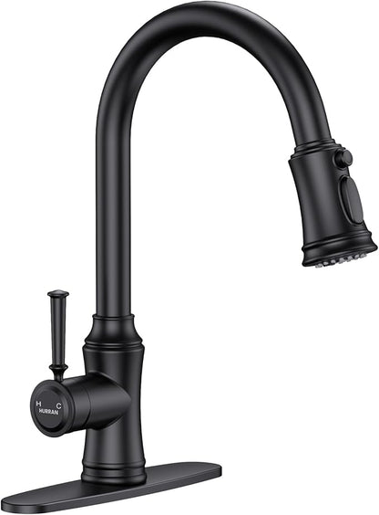 Kitchen Faucet with Pull Down Sprayer, Single Handle High Arc Utility Sink Faucet with Deck Suitable for bar for Kitchen Sink, Laundry Sink, Wet Bar or RV, Matte Black