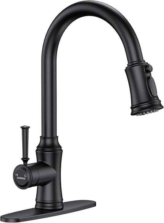 Kitchen Faucet with Pull Down Sprayer, Single Handle High Arc Utility Sink Faucet with Deck Suitable for bar for Kitchen Sink, Laundry Sink, Wet Bar or RV, Matte Black