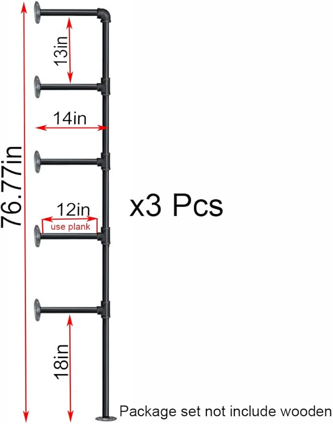 (77"Tall,14"Deep,3pcs) Industrial Retro Wall Mount Iron Pipe Shelf,DIY Open Bookshelf,Hung Bracket,Home Improvement Kitchen Shelves,Tool Utility Shelves, Office Shelves, pipe shelving