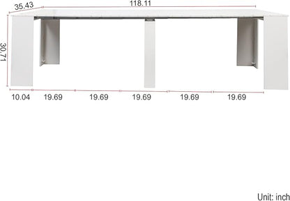 118.11" to 20.08" White Marble Extendable Dining Table for 10-12, 2 in 1 Expandable Dining Room Table MDF Modern Multifunctional Console Table for Living Room, Kitchen Small Space