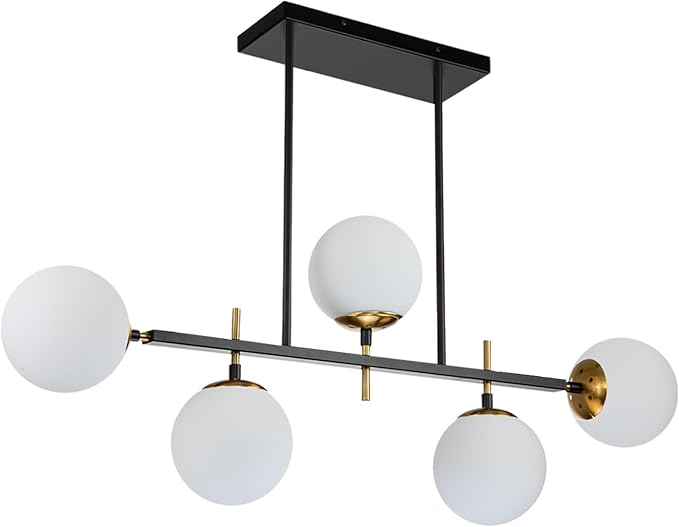 EDISLIVE Modern Milk Globe Chandelier 5-Light Glass Globe Pendant Light Fixture 39.4in E26 Linear Hanging Lighting for Kitchen Island Dinning Room Living Room Black