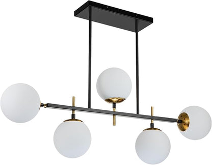 EDISLIVE Modern Milk Globe Chandelier 5-Light Glass Globe Pendant Light Fixture 39.4in E26 Linear Hanging Lighting for Kitchen Island Dinning Room Living Room Black