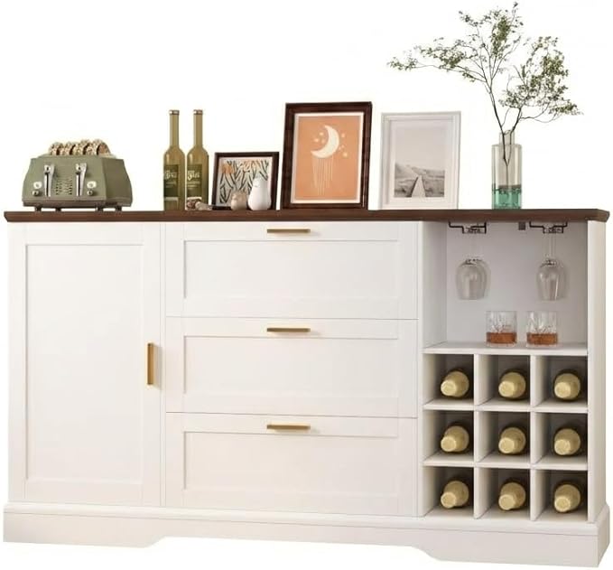 63 Inch Farmhouse Sideboard Buffet with Drawer Adjustable Shelves,Kitchen Island with Door-Back Rack for Snacks,Coffee Bar Buffet with Wine Racks Storage for Kitchen Entryway White and Walnut